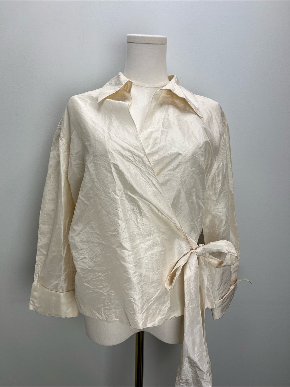 Vintage Chetta B Evening Silk Crinkle Wrap Shirt Blouse Top Womens 14 Cream